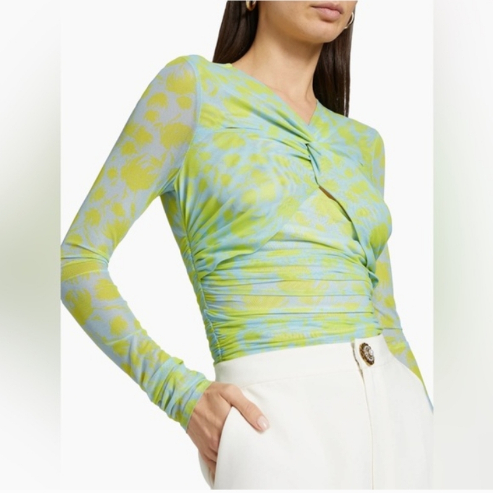 Cinq a Sept Floral Twisted Long-Sleeve Mesh Top